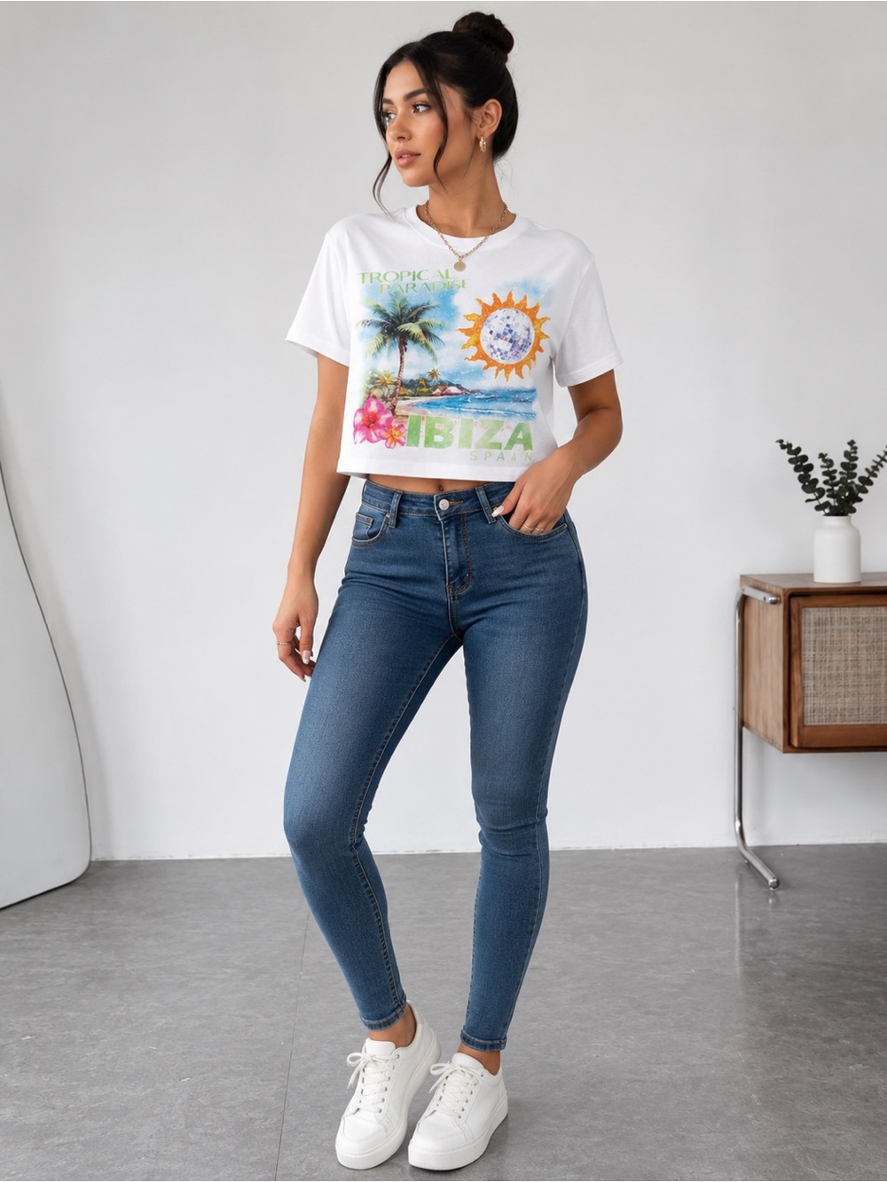 White Ibiza Tropical Graphic Crop Top T-Shirt